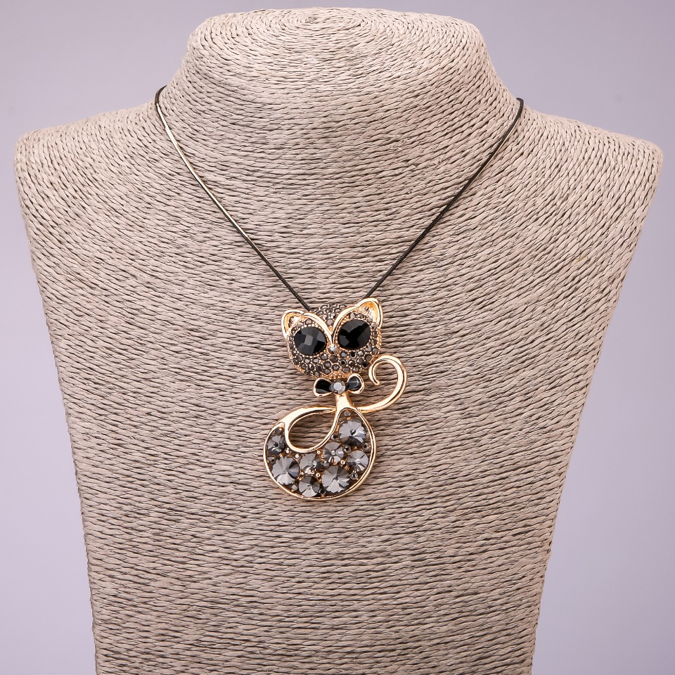 Pendant "Cat" with gray crystals on a long chain, metal "black gold", diameter 44x55 mm, length 70 cm