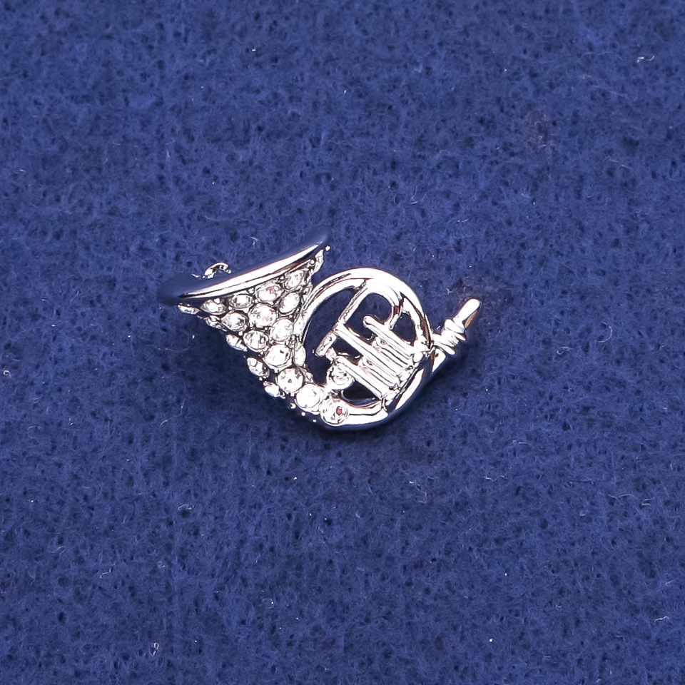 Brooch French Horn with Crystals Silver-Toned Metal 16x27mm