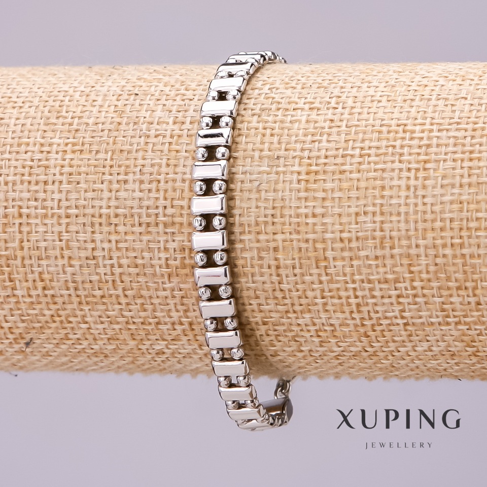 Xuping bracelet with double weave 'dot dash', 6mm thick, 18cm long rhodium