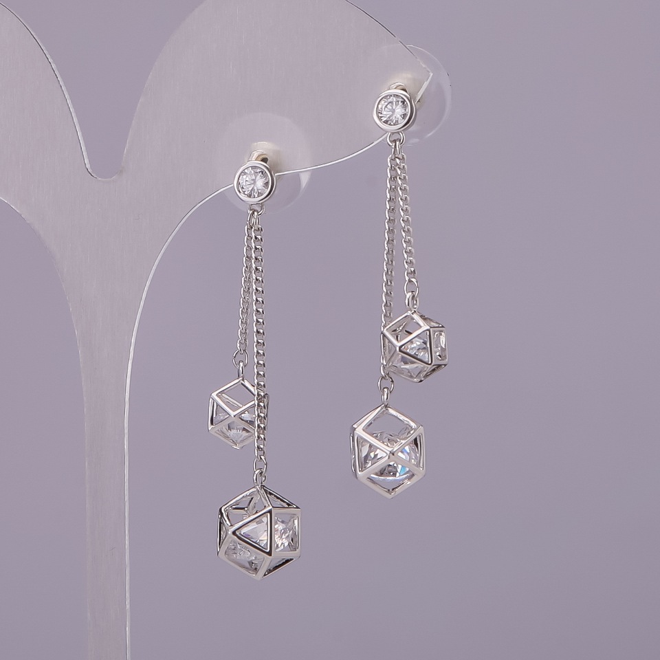 Stud Earrings with Hexagonal Pendants and White Crystal, Sterling Silver 925, Silver-Tone Metal, 10x48 mm