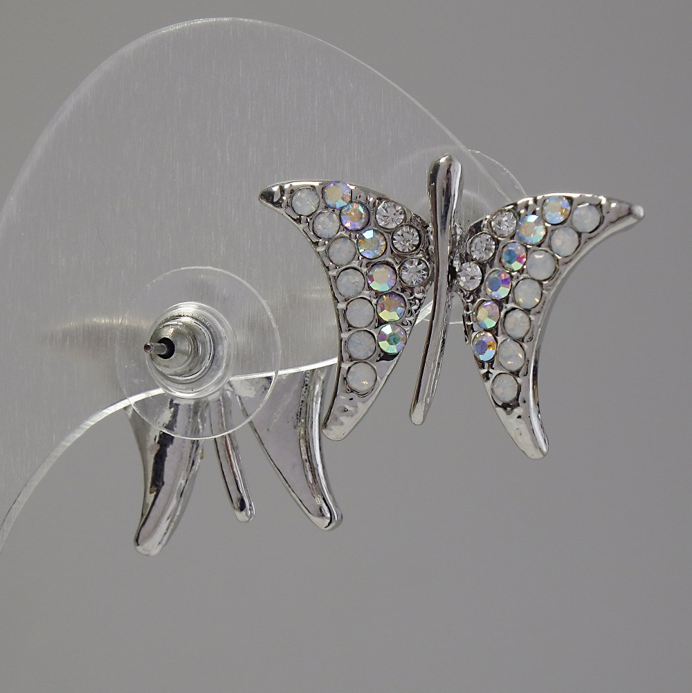 Butterflies Stud Earrings, chameleon crystals, silver-toned metal, 2.2 cm