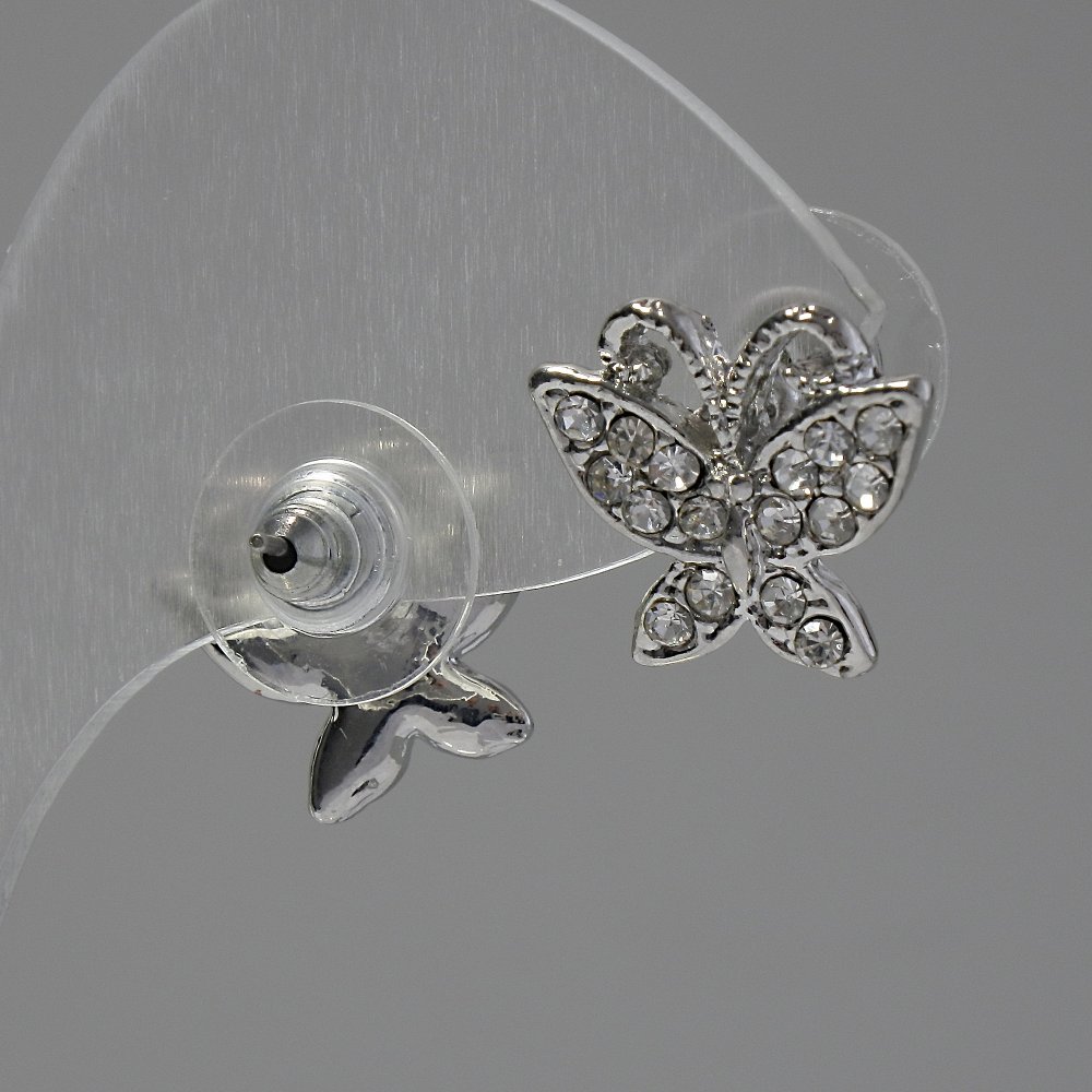 Butterfly stud earrings 'Butterflies', white crystals, silver-tone metal, 1.5 cm