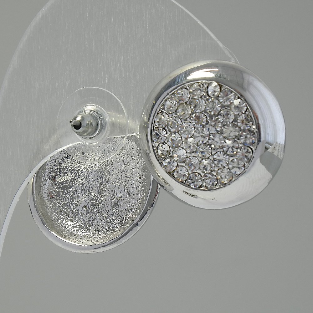 Circle Stud Earrings, White Crystals, Silver-Tone Metal, 2 cm