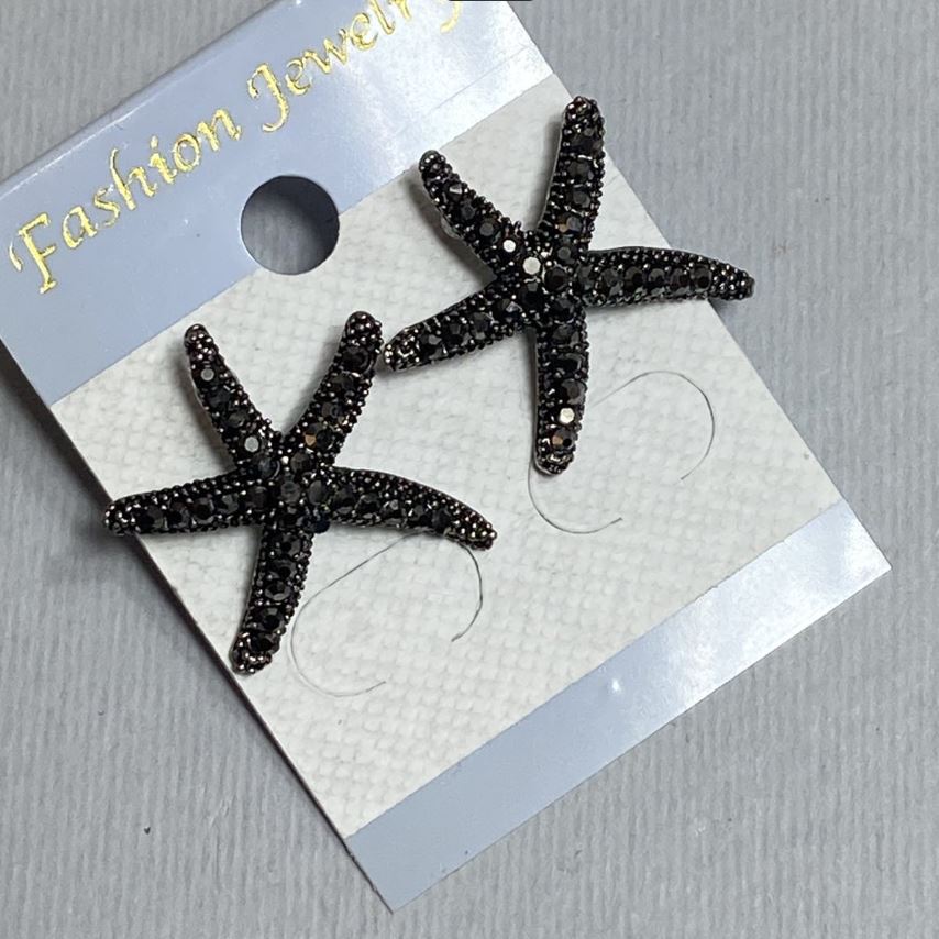 Stud Earrings Sea Star, Dark Crystals, Silver-tone Metal, 22mm