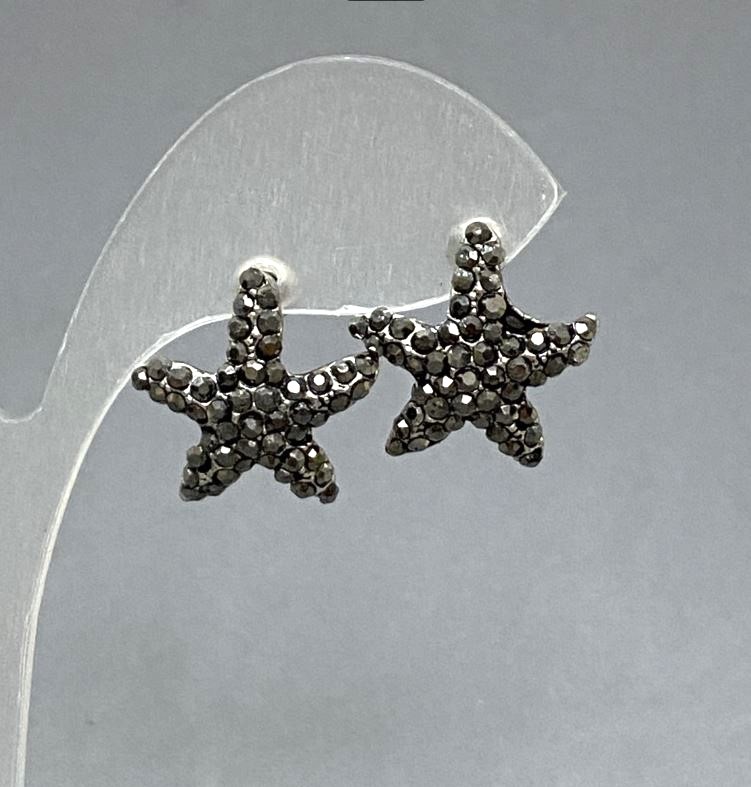 Stud Earrings 'Sea Star' with Dark Crystals, Silver-Tone Metal, 20mm