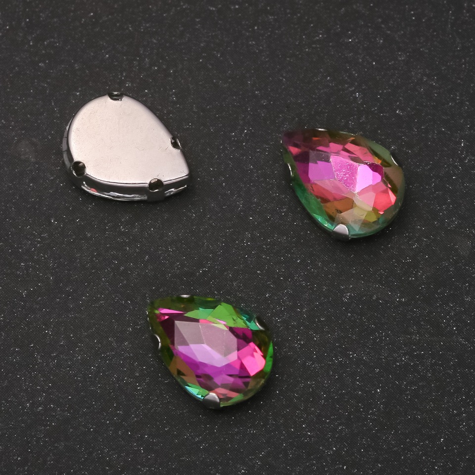 Price per pack / 10 pcs. Sew-on crystal in cap, drop 10×14 mm pink-green