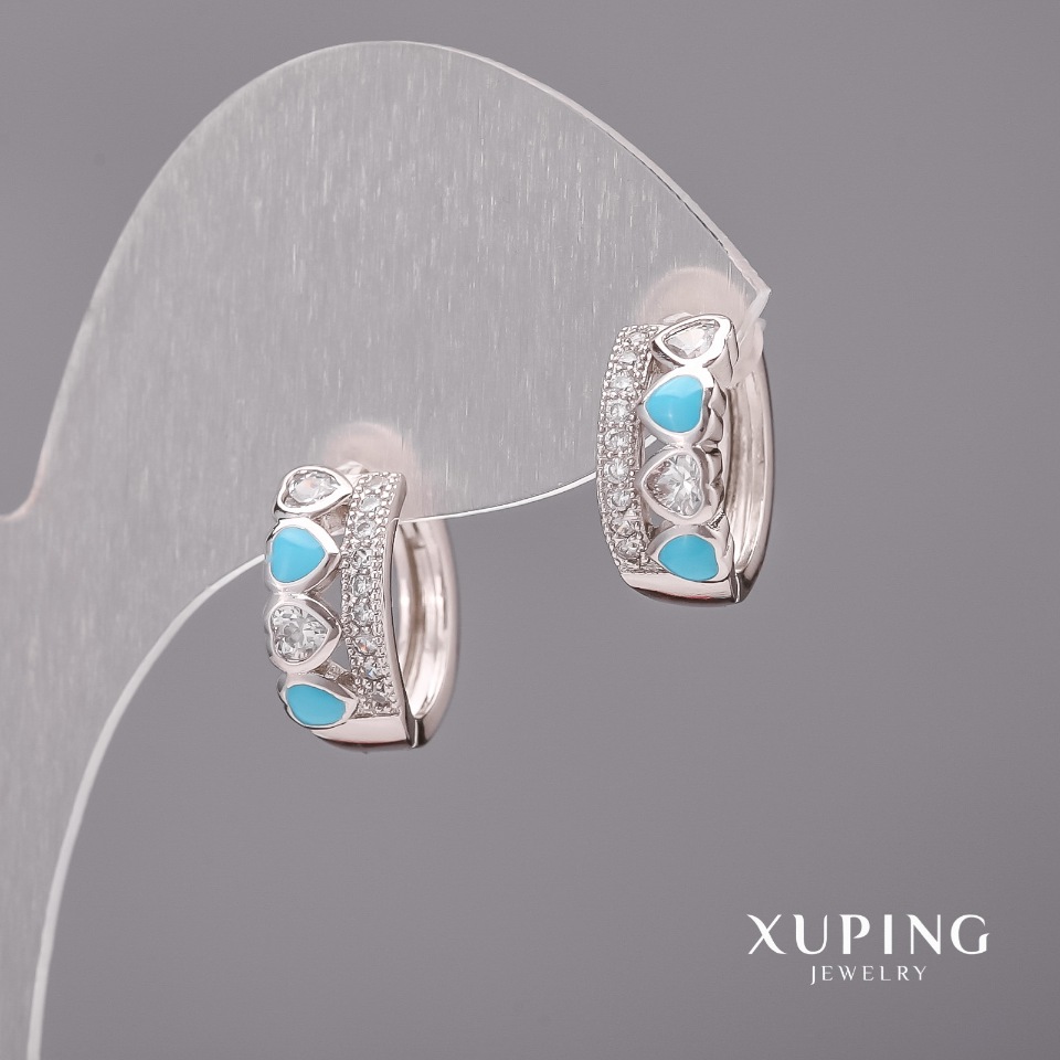 Xuping Earrings with White Stones and Blue Enamel, 6x15 mm, Rhodium-plated