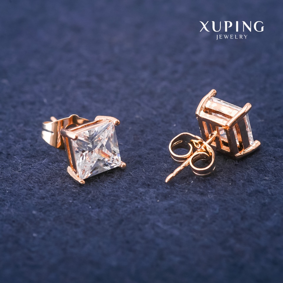Xuping 18K Gold-Plated Stud Earrings with White Stones, Square 7.5 mm