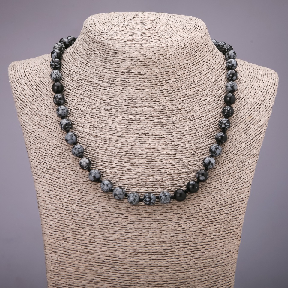 Snowy Obsidian Apache Tears Necklace, smooth beads, 8 mm diameter, 48 cm length