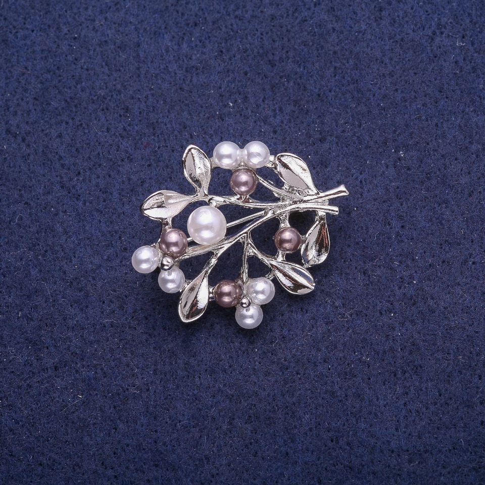 Brooch Twig with Pearls, Silver-Toned Metal 28×35mm