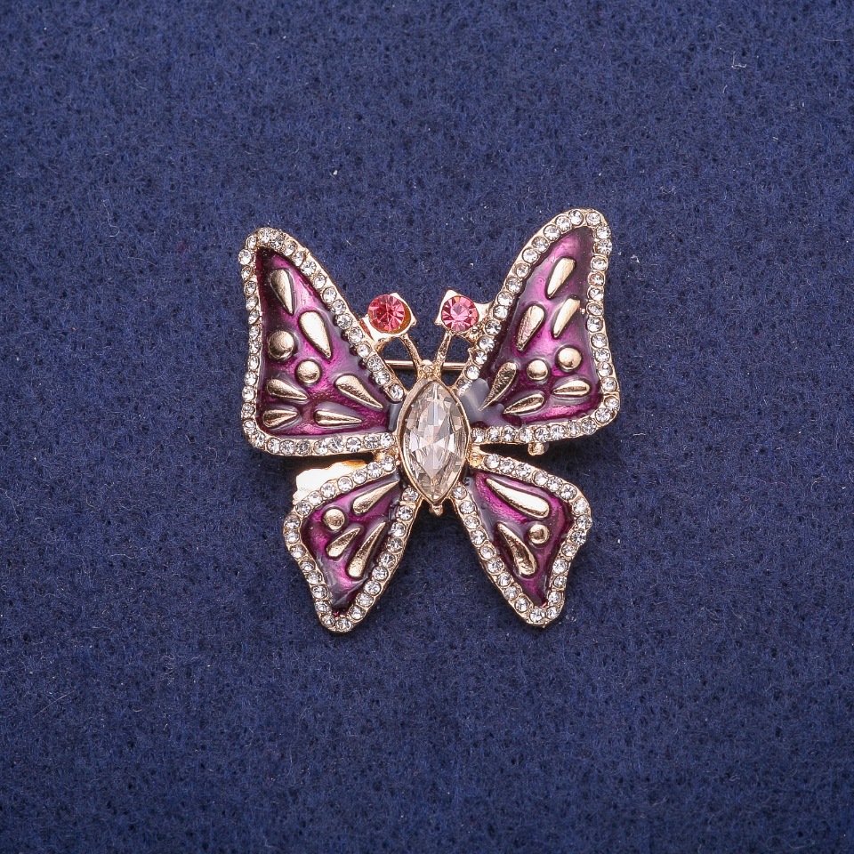 Butterfly Brooch with Enamel and Crystals, Gold-Tone Metal 32x35 mm