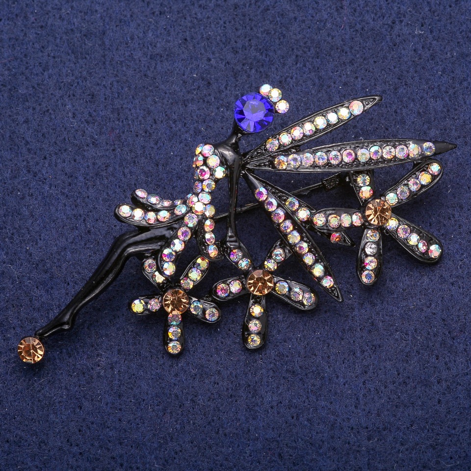 Brooch 'Fairy in Crystals' with Black Enamel 39×73 mm