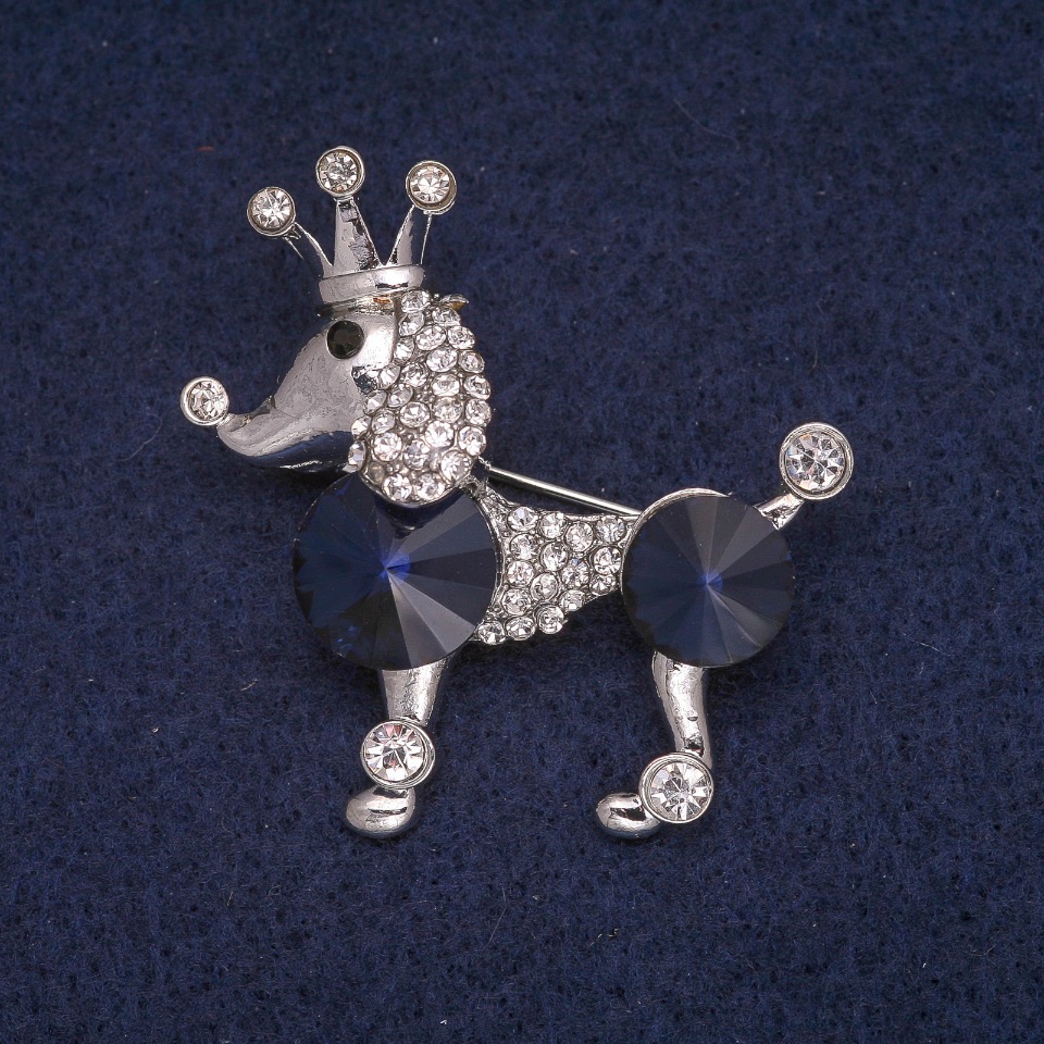 Poodle Dog Brooch with Crystals, Silver-Tone Metal 39x40 mm