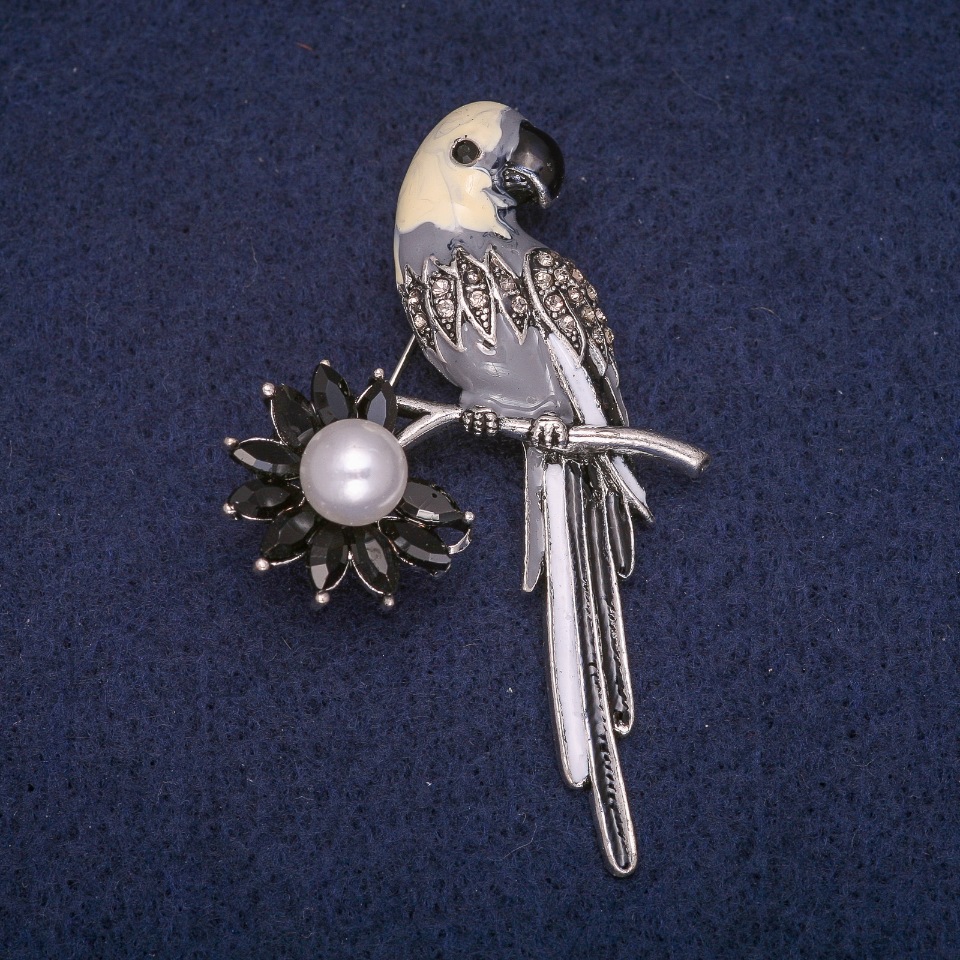 Parrot Enamel Brooch with Bead and Crystals, Gray Metal 37x58mm