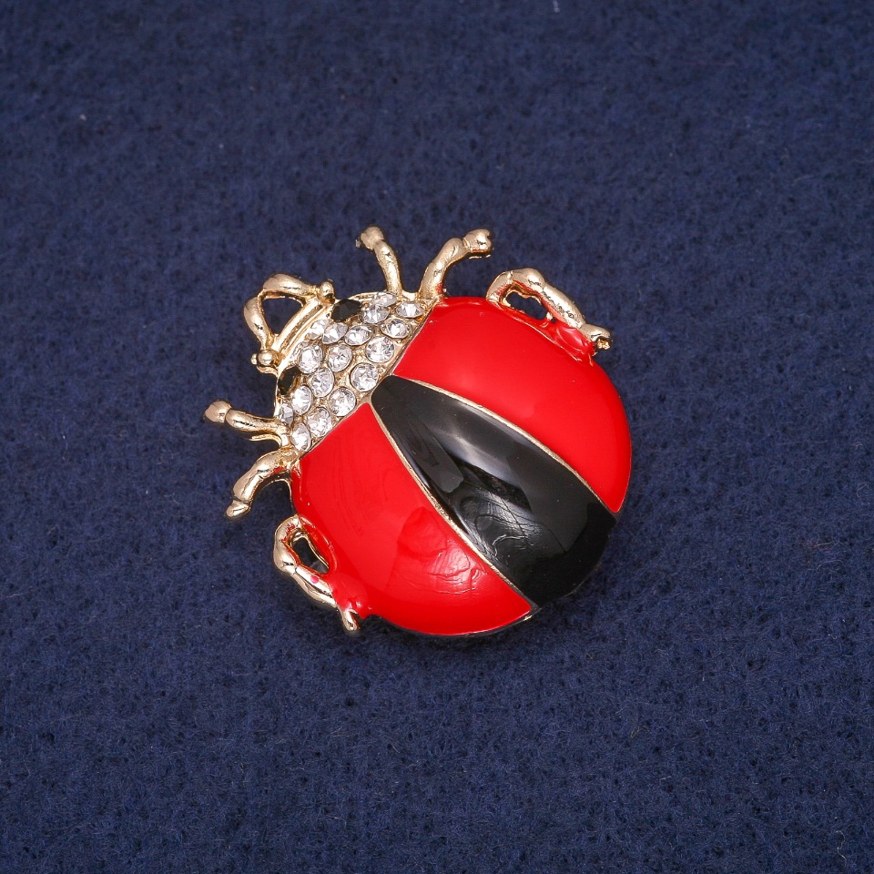 Ladybug Enamel Brooch with White Crystals, Gold-Tone Metal 28x31 mm