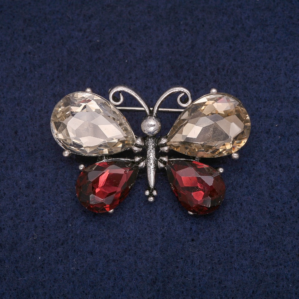 Brooch 'Butterfly' with Champagne and Burgundy Crystals, gray metal 26×41 mm