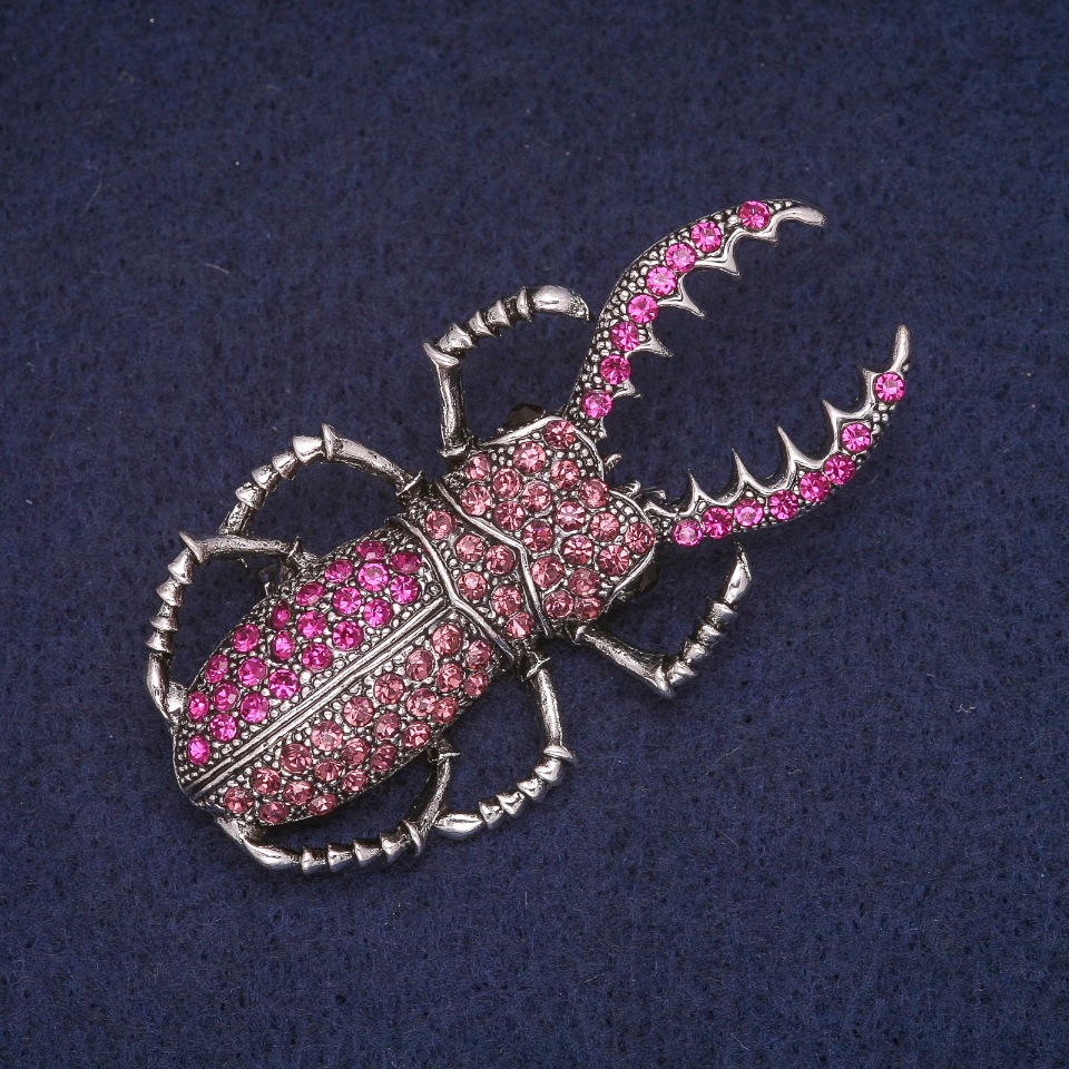Brooch 'May Beetle' with Pink Rhinestones, Silver-Toned Metal 29x55mm