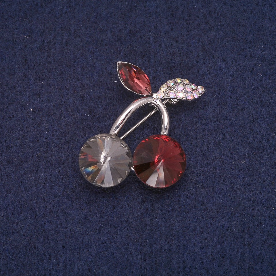 Cherry Brooch with Stones and Crystals, color Gray-Burgundy-Chameleon, 24×29 mm, Silver Metal