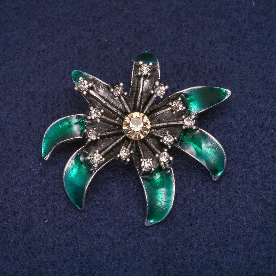 Flower Brooch with Green Enamel and Crystals, Gray Metal 37×41 mm