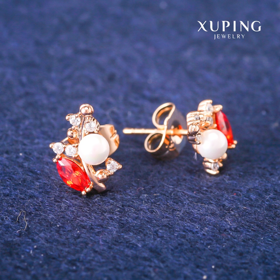 Xuping Stud Earrings with Red Crystals and Majorca, 8x13 mm diameter, 18K Gold Plating