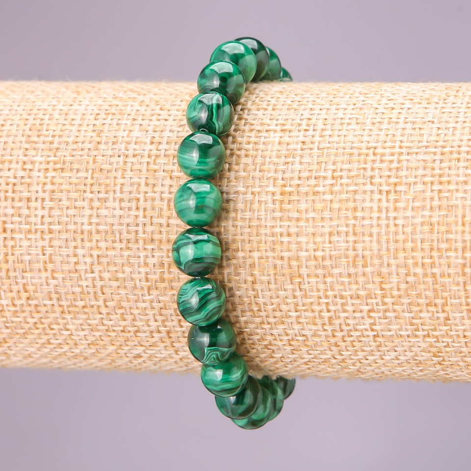 Malachite natural stone bracelet on elastic cord, smooth beads, 8 mm diameter, 18 cm length