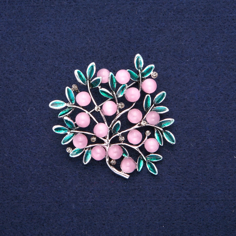 Brooch Twig with Pink Cat's Eye, green enamel, silver-toned metal 51×53 mm