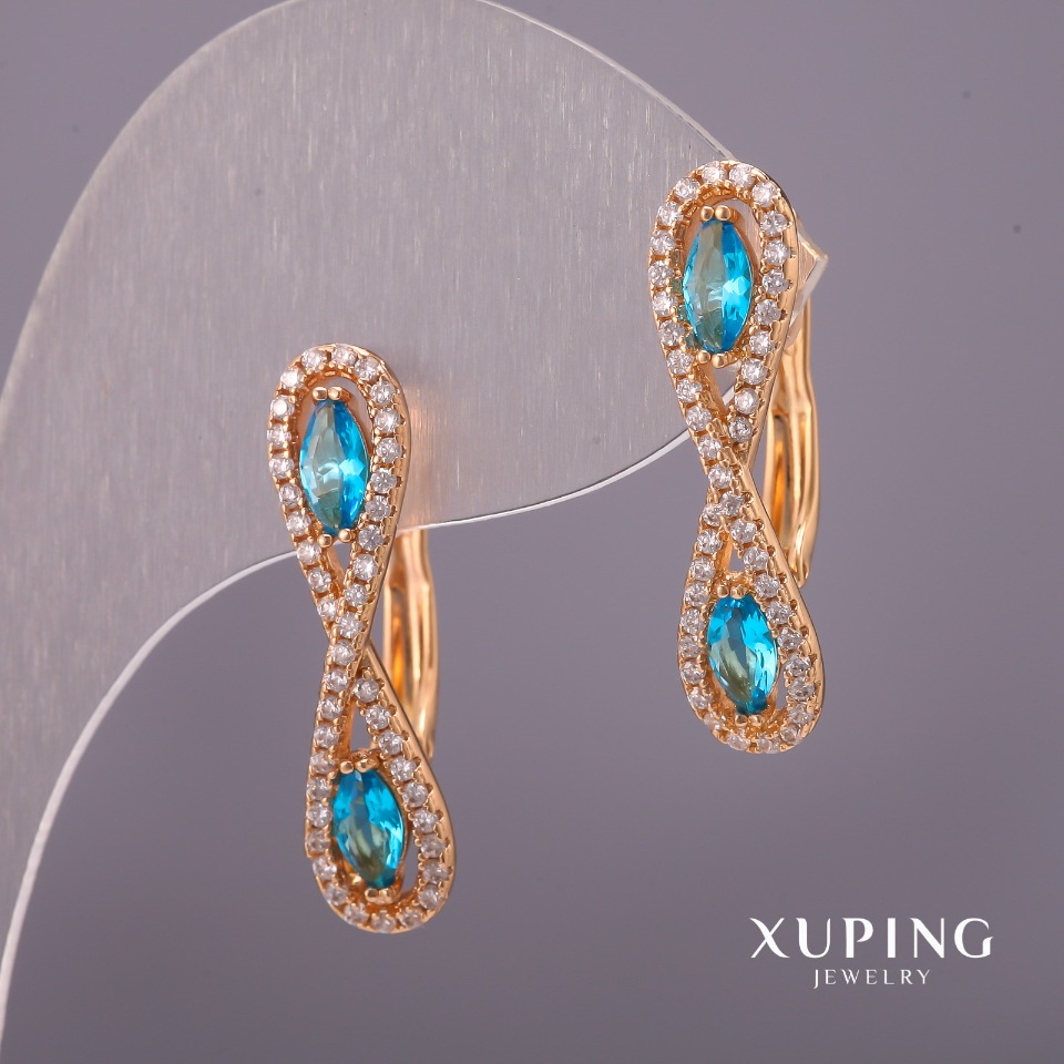 Xuping Earrings with White Crystals and Blue Stones, 6x25mm, 18K Gold Plating
