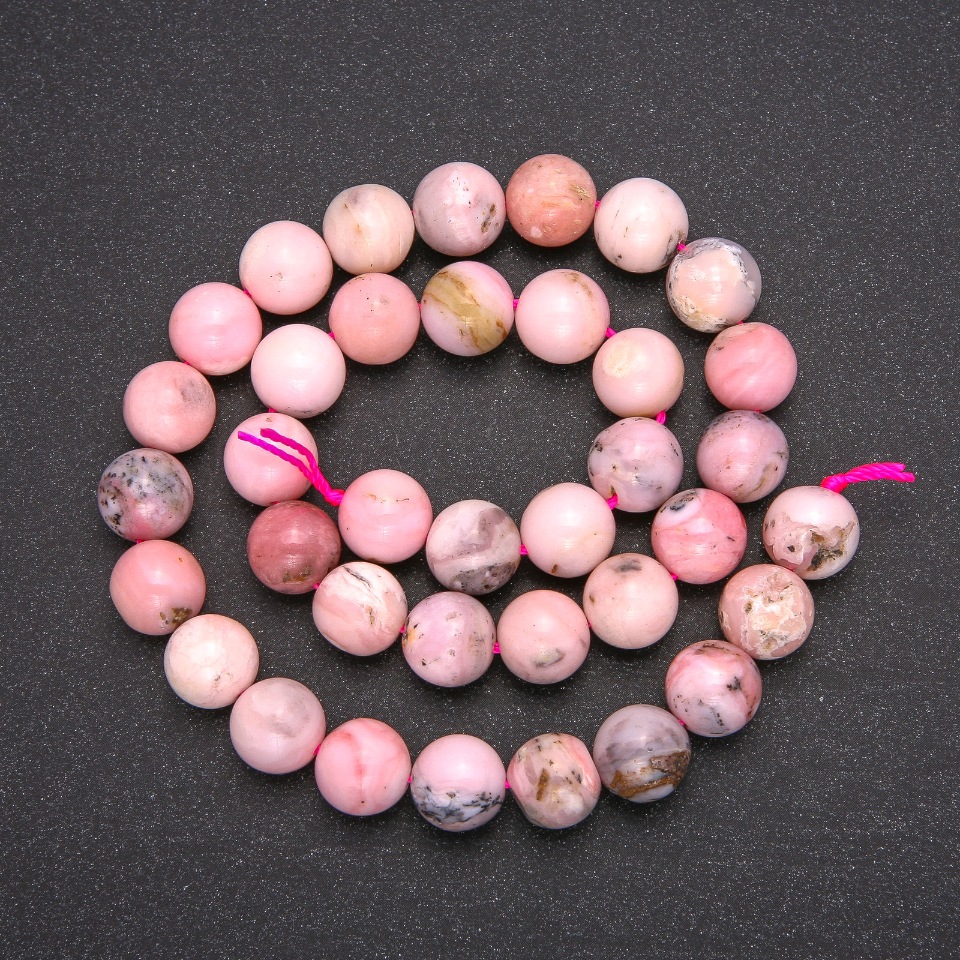 Beads of natural pink opal — smooth round beads, diameter 10 mm (+/-), length 38 cm