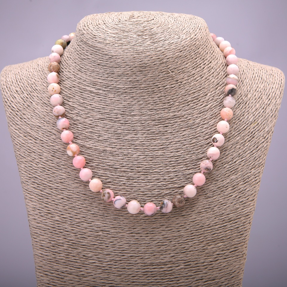 Natural Pink Opal Necklace with a Smooth Bead, 8 mm Diameter, 45 cm Length