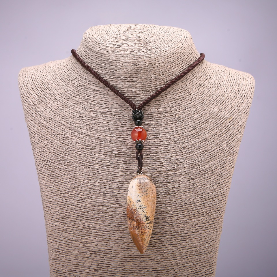 Natural stone Jasper Pendant — Landscape Jasper, 20x50 mm (+-), on a cord, 70 cm long