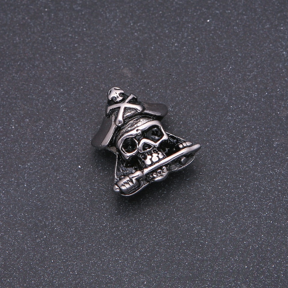 Bead insert, steel-thickness Pandora-style Pirate Skull, 17x22 mm, inner diameter 8 mm, silver metal