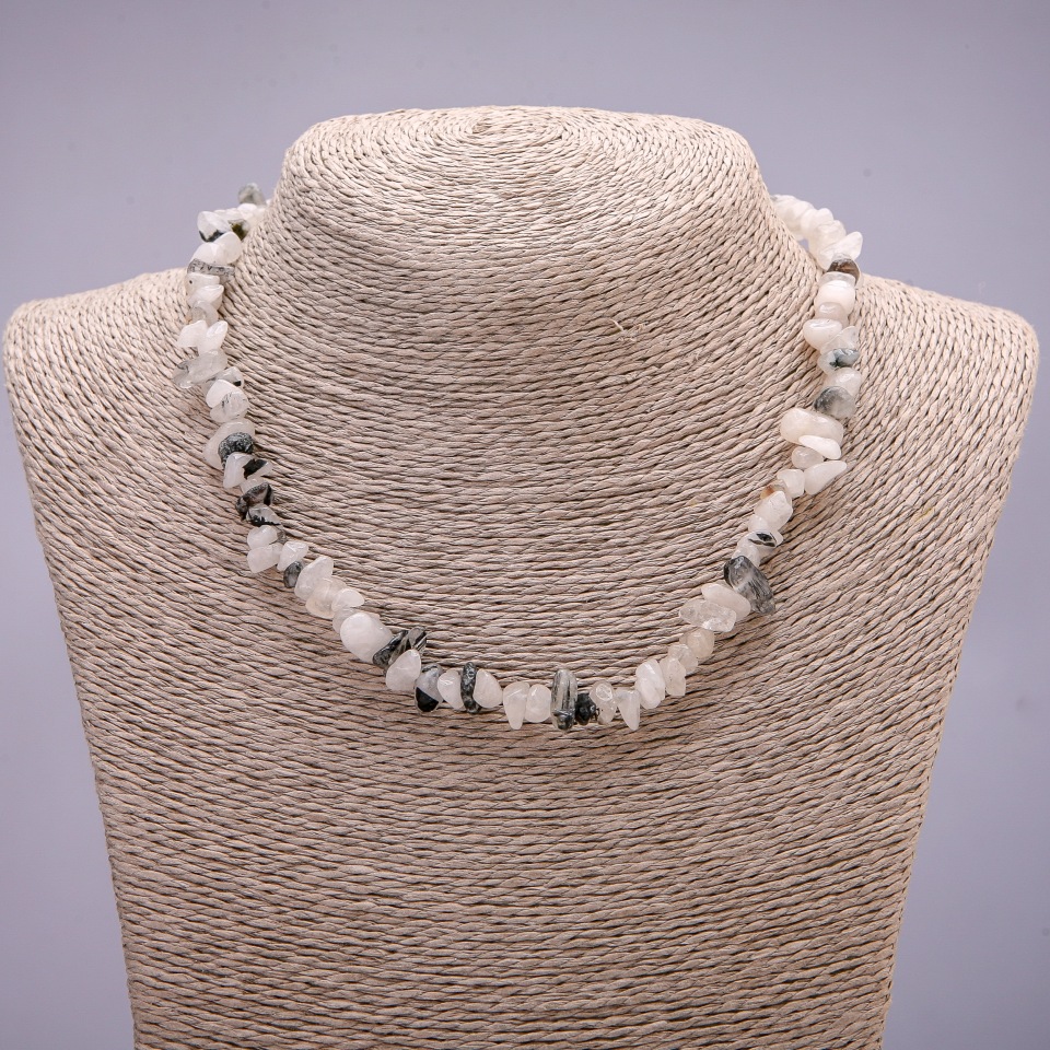 Bead Necklace of Natural Rutilated Quartz Chips, 7±mm diameter, 45–50 cm length with extender chain