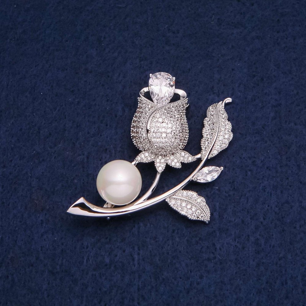 Rose Brooch with White Crystals and Bead, 47x36 mm, Silver Metal