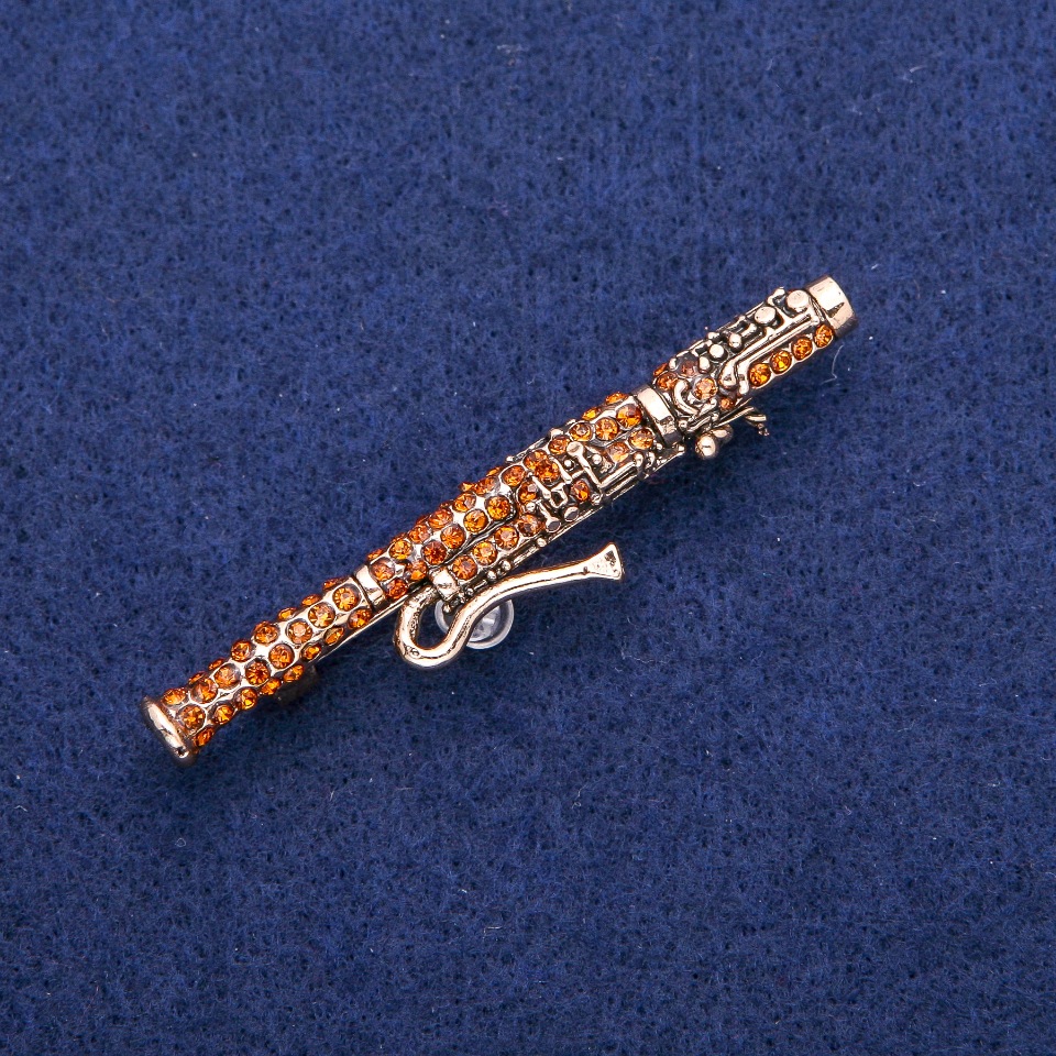 Brooch Bassoon with Yellow Crystals, 12×62 mm, Golden Metal