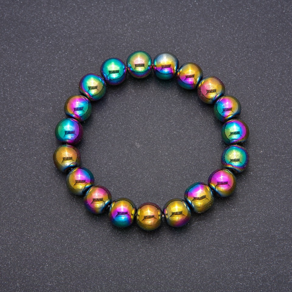 Hematite bracelet with plated finish, smooth beads, 10 mm diameter, 18 cm length on elastic