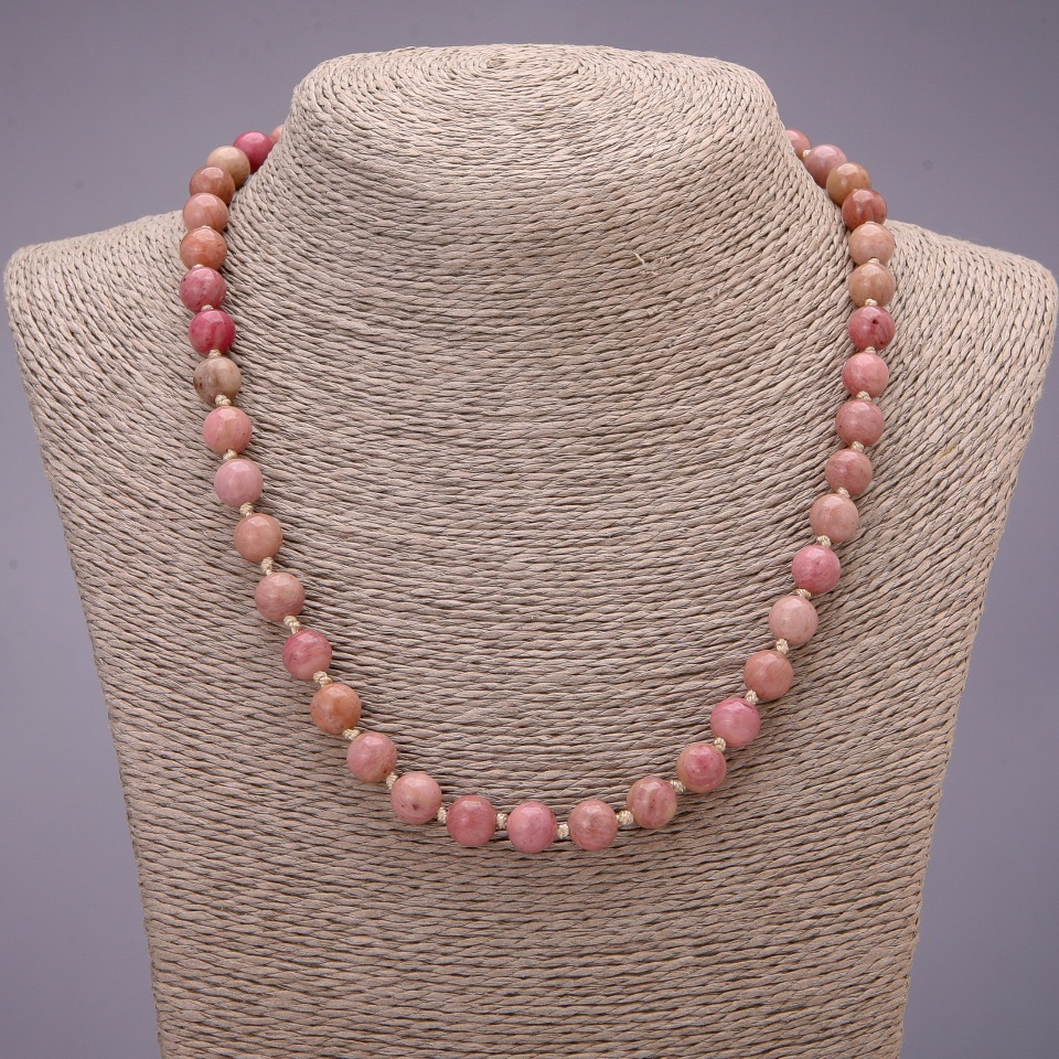 Rhodochrosite natural stone necklace with smooth beads, diameter 8(±)mm, length 45 cm