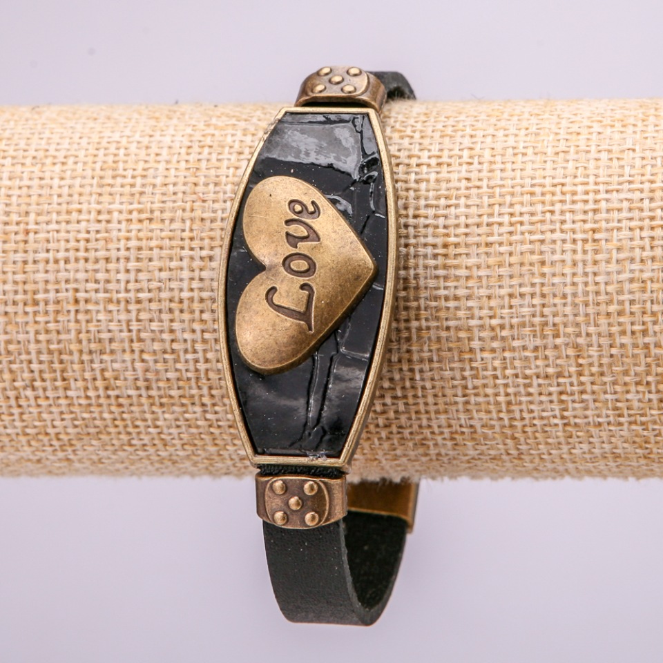 LOVE Bracelet with metal inserts, length 16-21 cm, eco-leather, black, with clasp