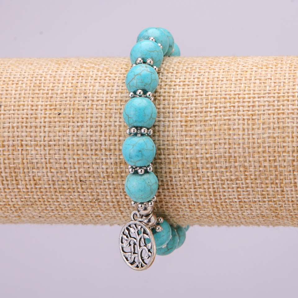 Turquoise Talisman Bracelet with Blue Eye on Elastic, 10 mm Diameter (±), 18 cm Length with Inserts and Tree Pendant