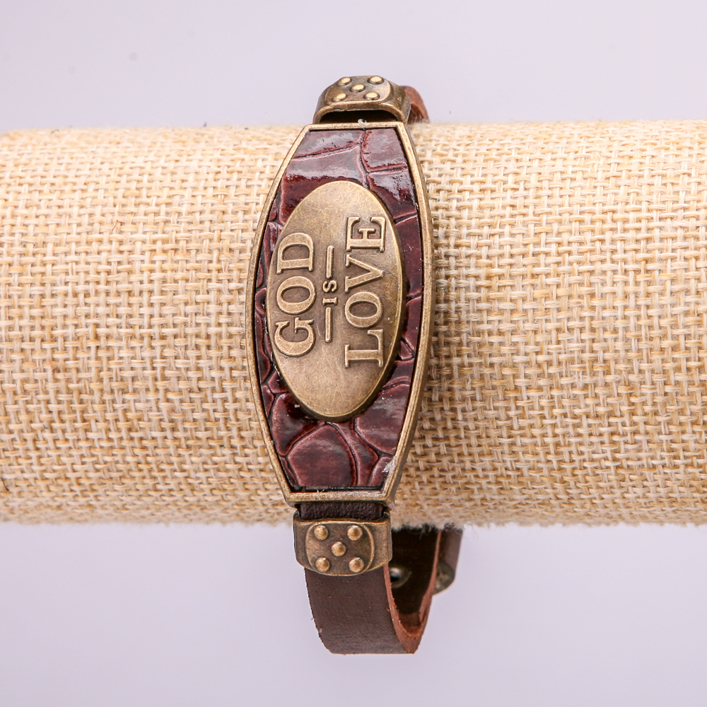Bracelet with metal inserts, length 16–24 cm, thickness 20 mm, brown eco-leather strap