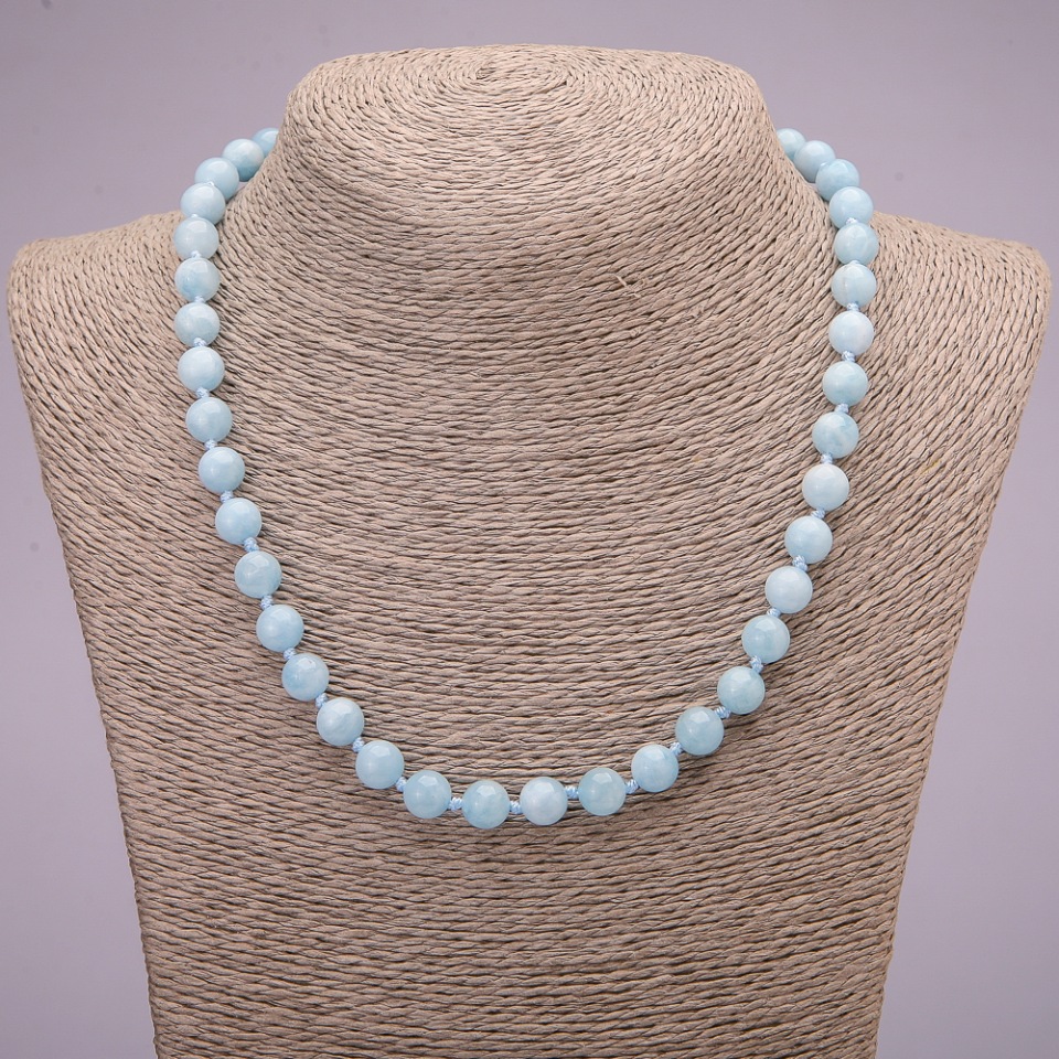 Aquamarine natural gemstone necklace with smooth beads, 8 mm diameter, 45 cm long