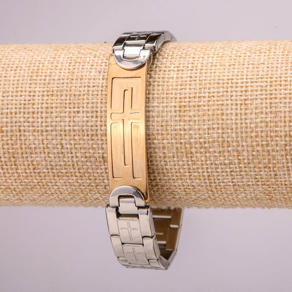 Metal bracelet made of stainless steel with clasp, 14 mm thick, 21 cm long, silver with gold-tone
