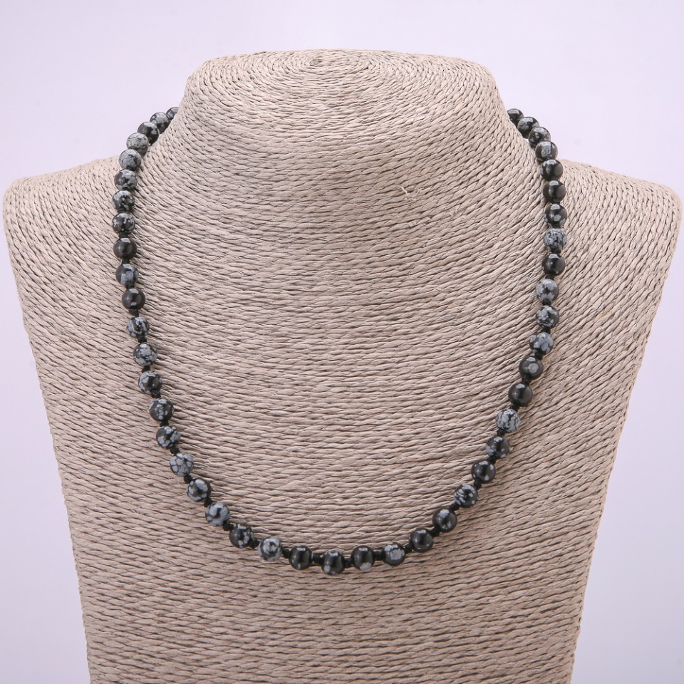 Necklace made of Snowflake Obsidian 'Apache Tears' with a smooth bead, diameter 6(±)mm, length 48 cm
