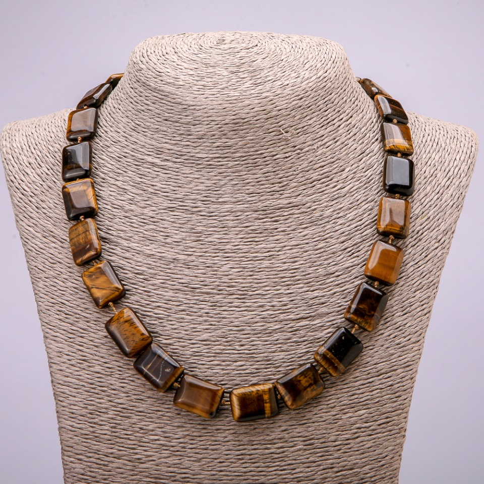 Bead necklace of natural Tiger's Eye stone, rectangular-cut, 13x18 mm, length 48 cm