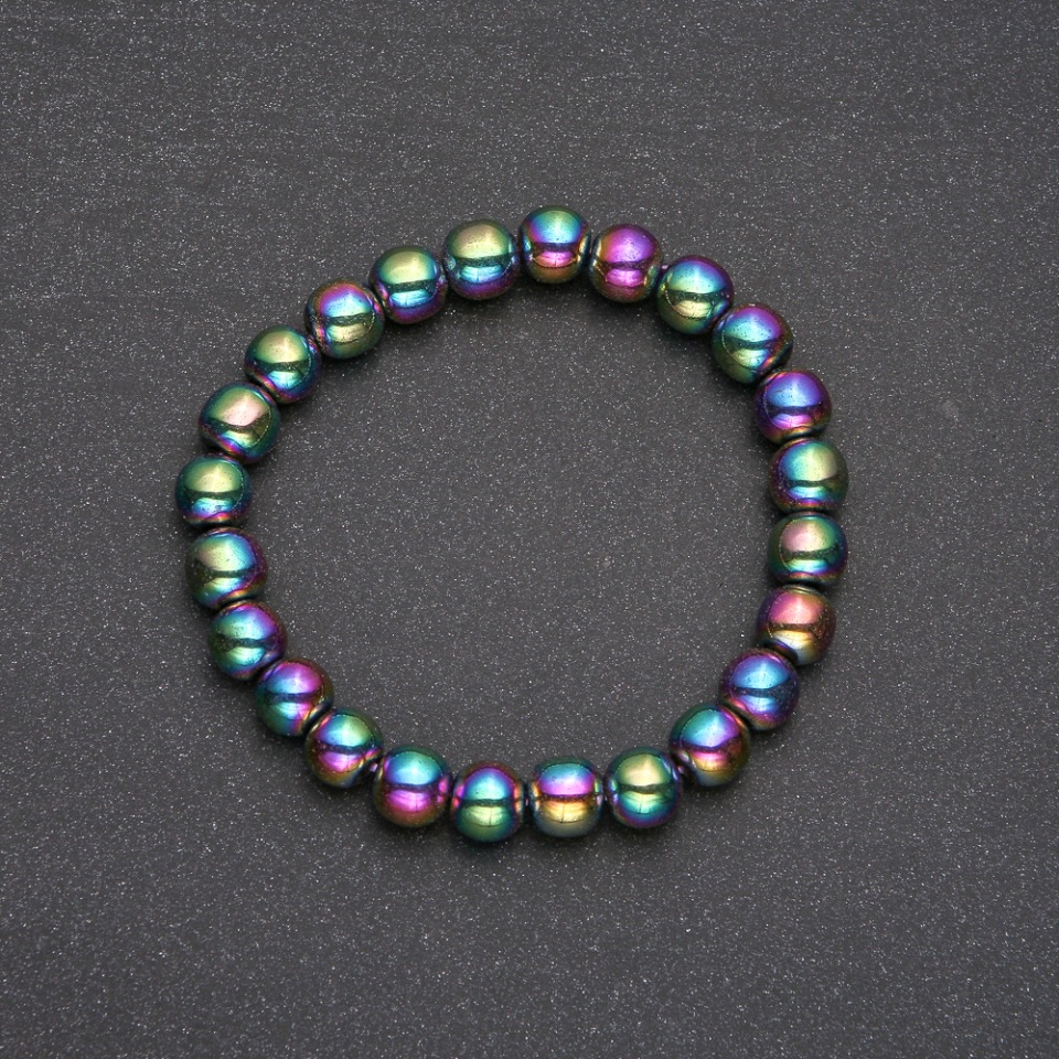 Hematite bracelet with plating, smooth beads, 8 mm diameter, 18 cm length on elastic