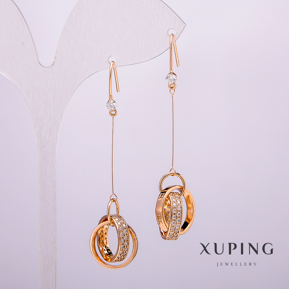 Xuping Earrings 18K Gold Plating with Central Stone and White Rhinestones, Length 58 mm +