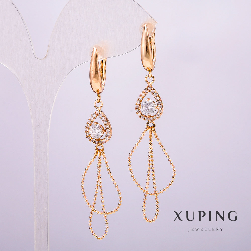 Xuping Earrings 18K Gold Plating Drop with White Stones and Crystals, 9x12mm, 64mm Length