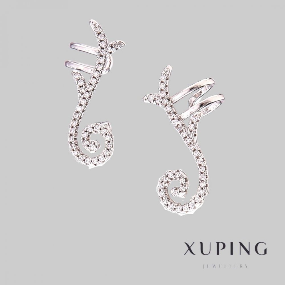 Xuping Rhodium-Plated Ear Cuffs with White Crystals, 24 mm length +