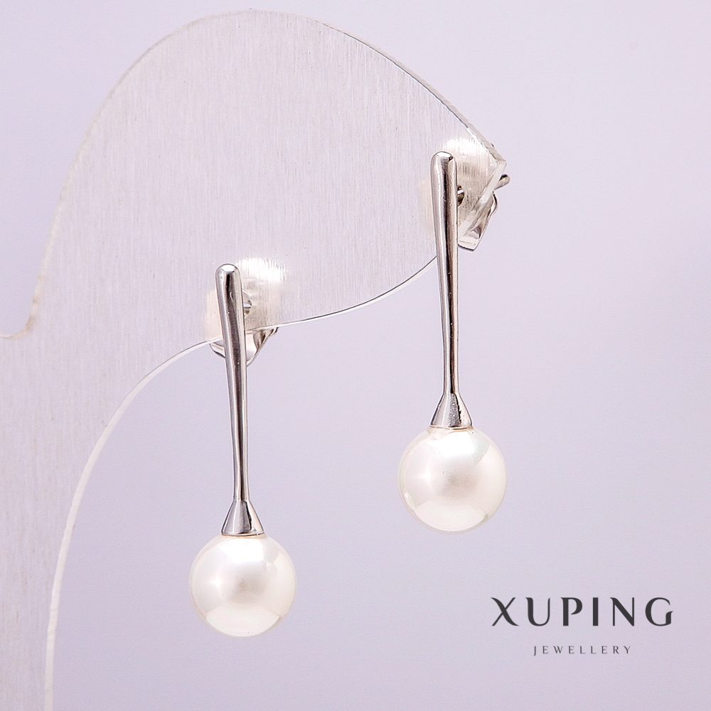 Xuping Rhodium Earrings with Pearl, 8 mm Diameter, 28 mm Length +