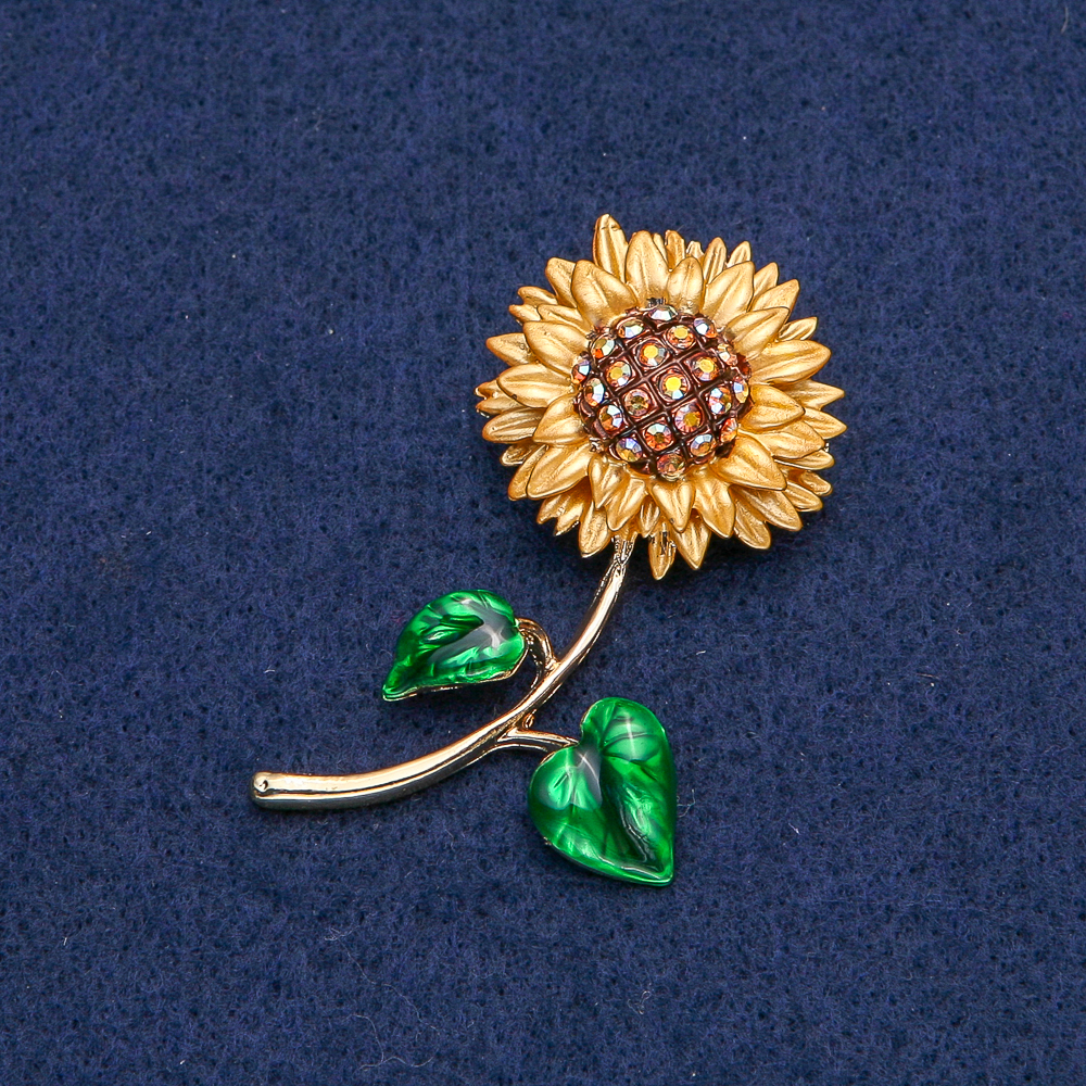 Sunflower Brooch in Golden Metal with Golden Petals and Yellow Chameleon Crystals, 56×27 mm +