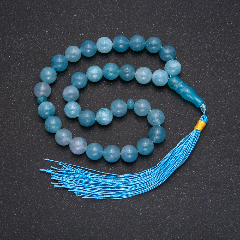 Natural Aquamarine Prayer Beads, 33 Beads, Smooth Spheres, 10mm Diameter, Aquamarine Inlay